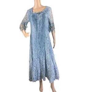 Vintage Calamity Janes Women Blue Lace Half Sleeve 2Fer Boho Midi Dress Size L
